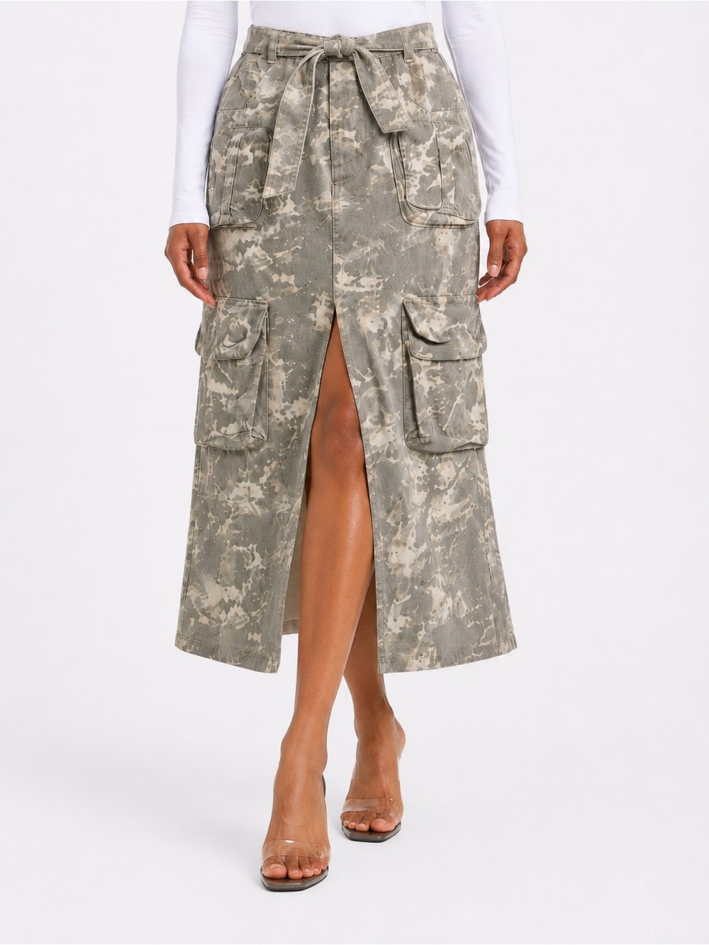 Fashion Nova Camo Cargo Midi Skirt Utility Pockets Tie Belt Size Medium
